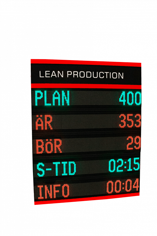 LED-display och produktionstavla från Binar med texten 'Lean Production' och produktionsinformation för industriell miljö.