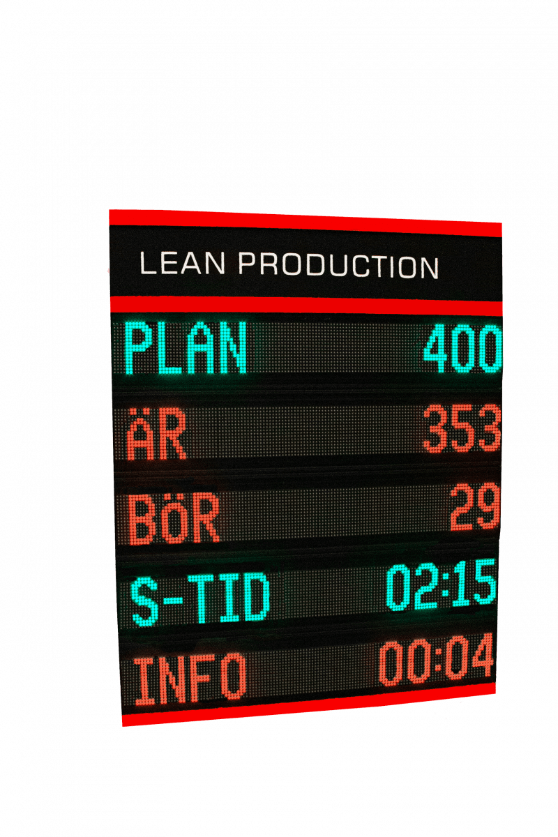 LED-display och produktionstavla från Binar med texten 'Lean Production' och produktionsinformation för industriell miljö.