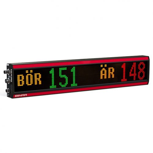 LED-display från Binar som visar produktionsstatus med texten 'Bör 151' och 'Är 148', anpassad för industrin.